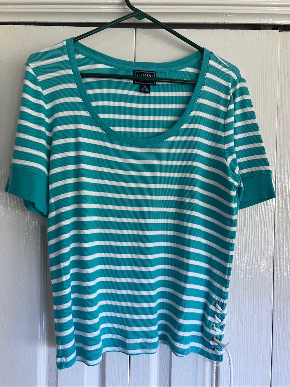 Chaps Teal & White Striped Short Sleeve Scoop Neck Top with Side Lace-Up